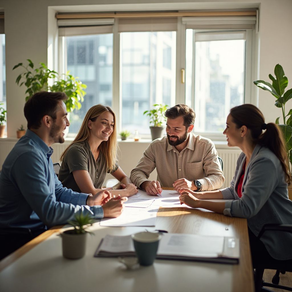 Team members discussing wellness concepts in a bright modern office